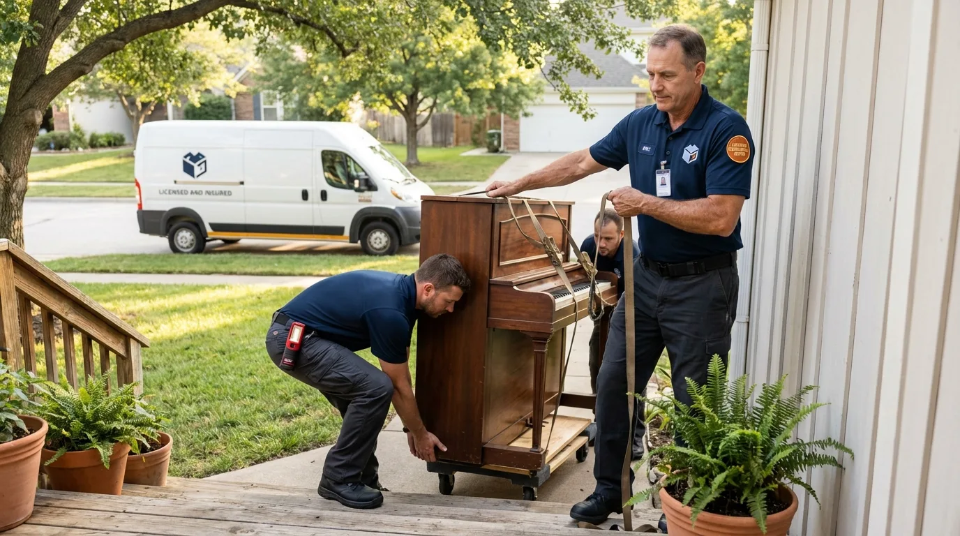 Licensed piano movers securing grand piano in Eastchester, NY