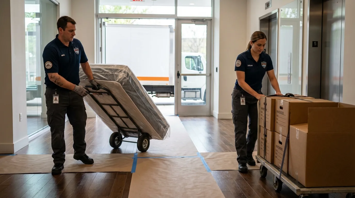 Professional apartment movers loading elevator in Eastchester, NY