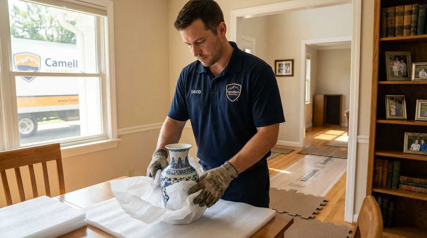Professional crew carefully wrapping antique vase for senior downsizing move in Eastchester, NY